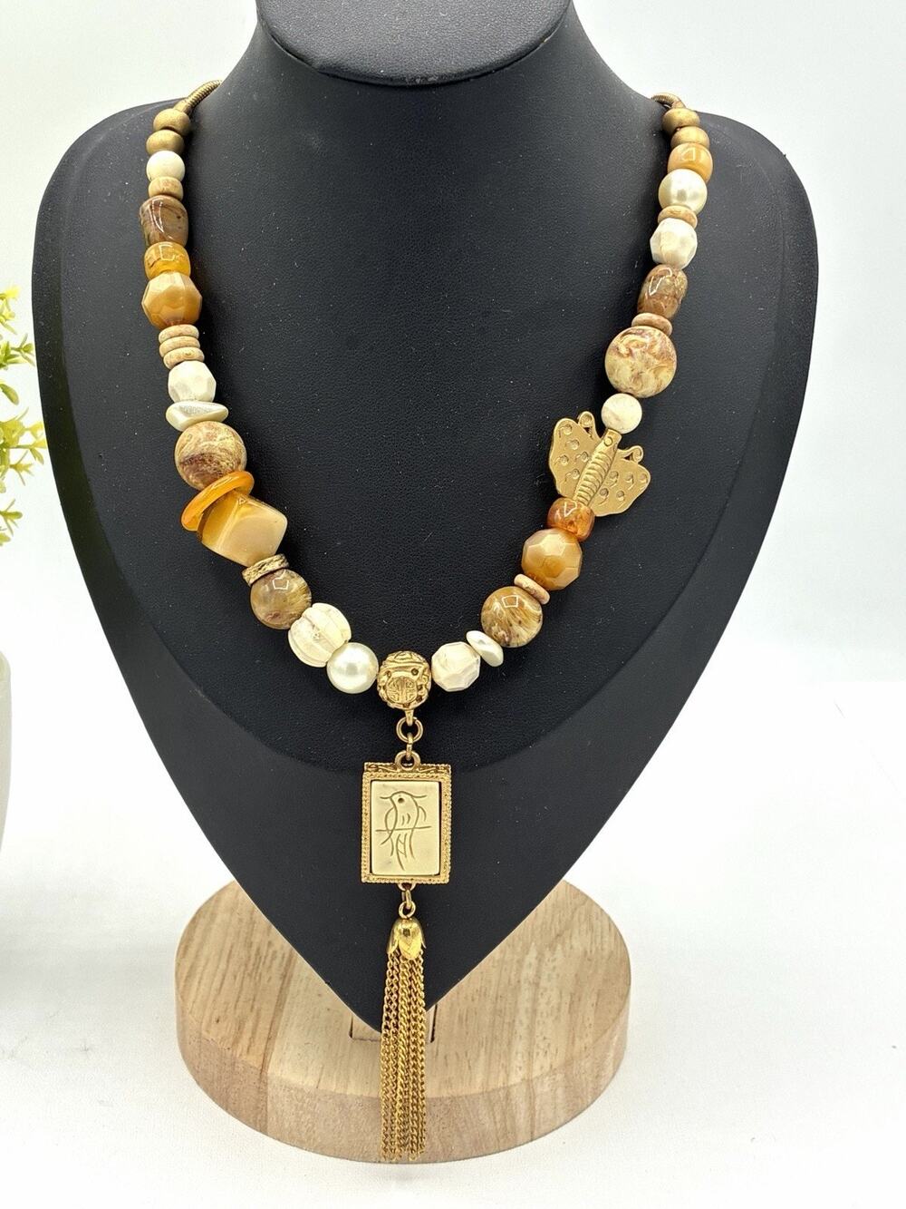 Boho Beaded Statement Necklace Bird Pendant Butterfly Gold Tassel 20 Inch